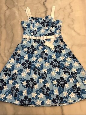 Blue Floral Sundress with White Ribbon